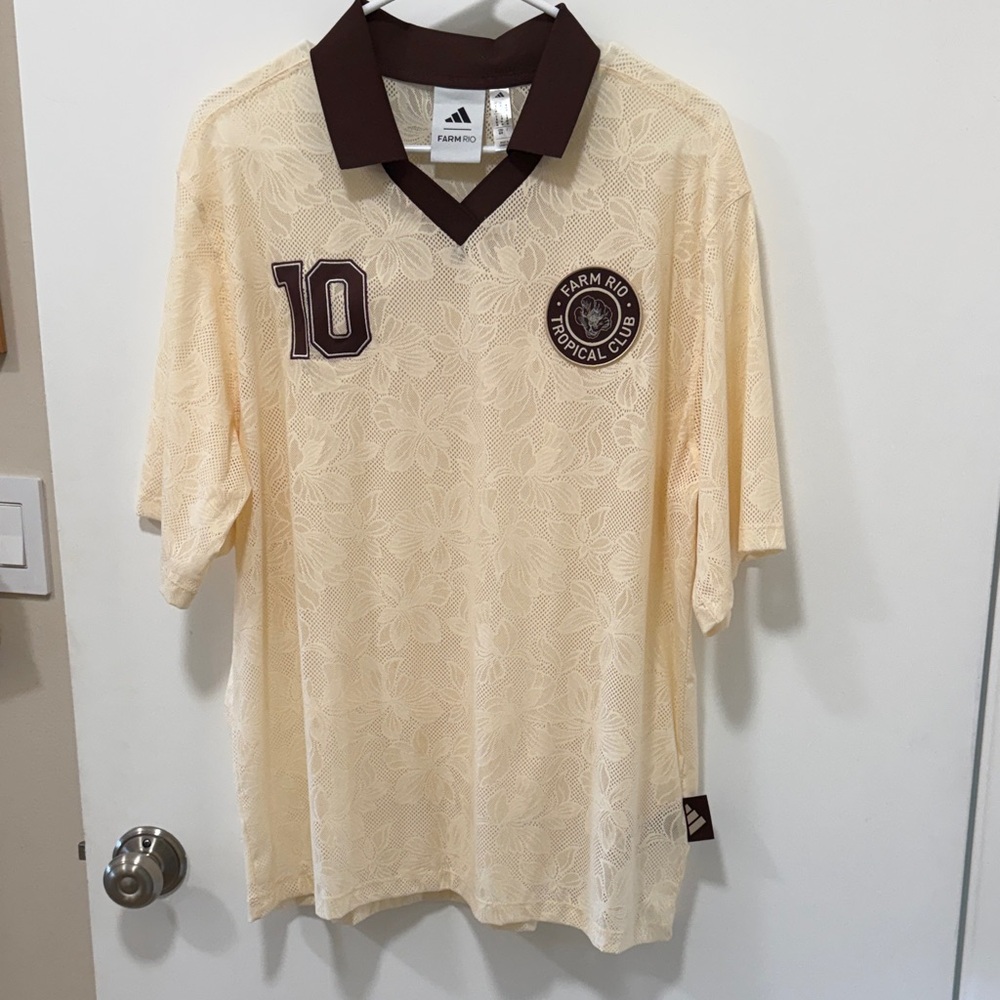 FARM Rio x Adidas Cream Short-Sleeve Polo with Brown Collar